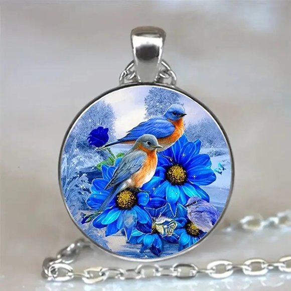 Silver BLUE BIRDS Flowers Glass Cabochon Pendant Necklace - Picture 3 of 3